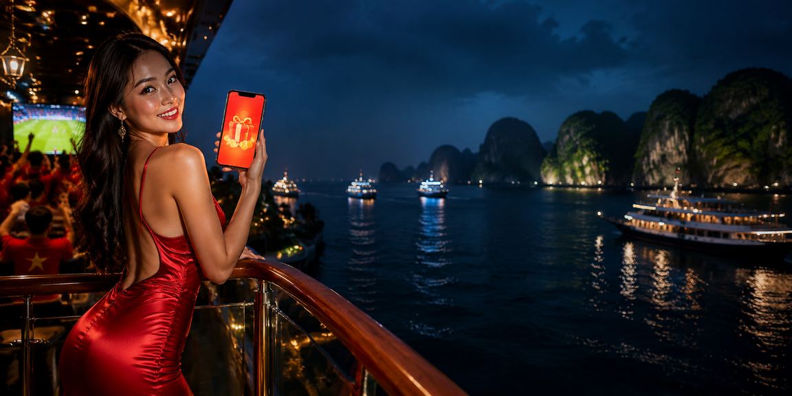 Bao lì xì đỏ biểu tượng tiền thưởng tại bãi biển Hạ Long trong chương trình khuyến mãi d40
